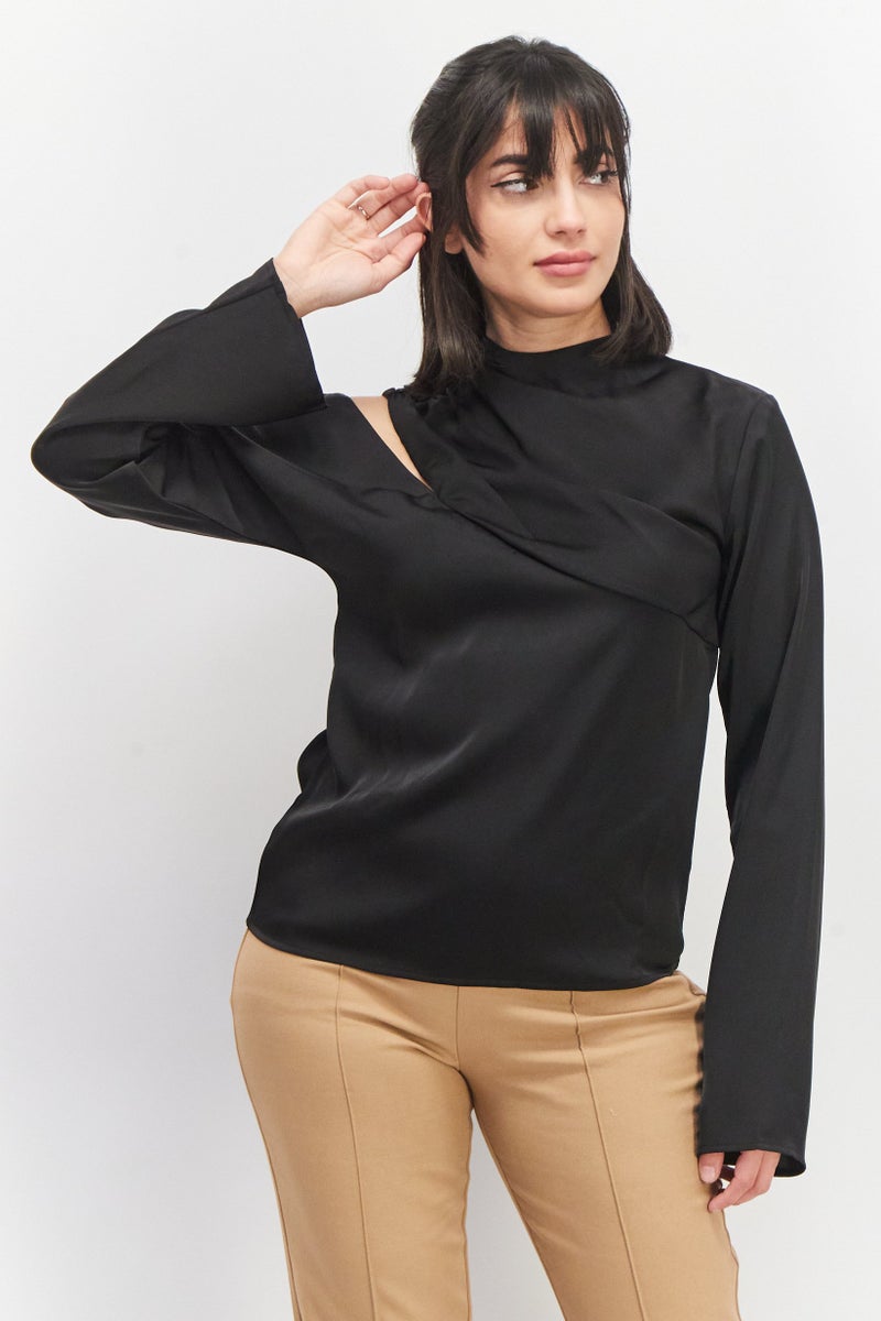 PRETTY LAVISH Women High Neck Long Sleeves Solid Blouse, Black - Image 1